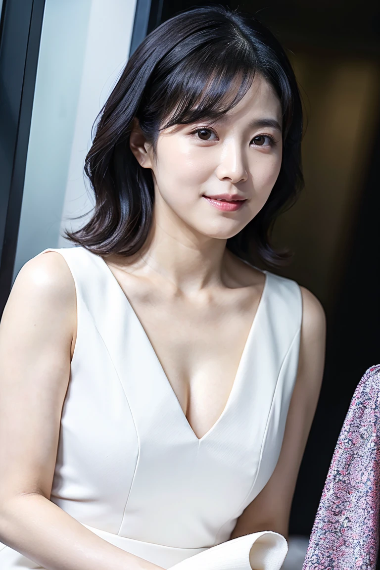 realistic,(japanese mature woman politician:1.2),(45 years old:1.3),cleavage,earrings,real skin,mole under eye,smile,medium breasts,sagging breasts,silver necklace,,meeting,indoors,wide hips,lower abdomen,slit skirt,summer,hotel conference hall,from below ,from side ,politicians' clothes,gathering