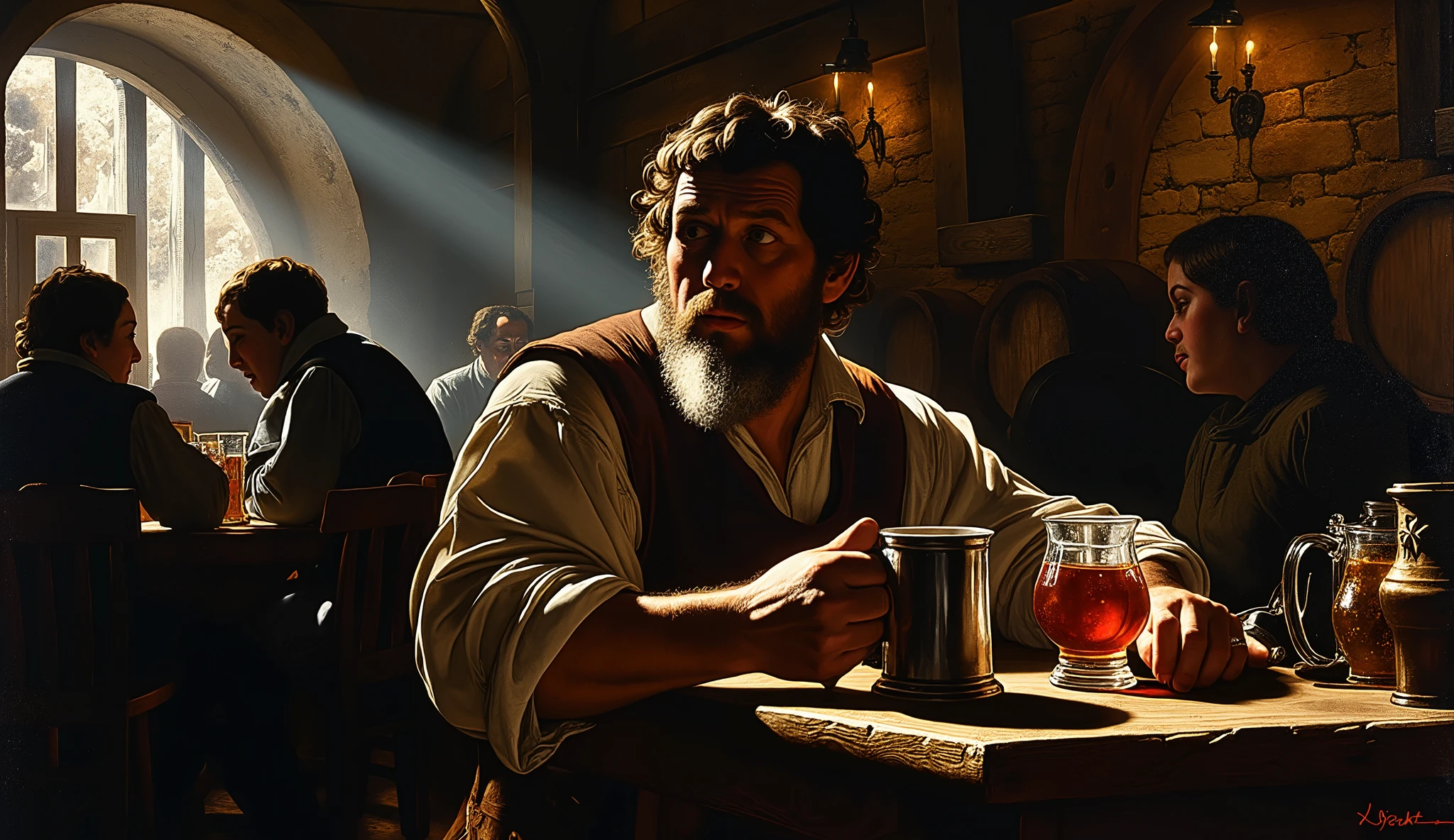 A dramatic Caravaggio-style painting depicting a rugged English brewer in a dimly lit 17th-century pub, savoring a glass of deep red beer. The brewer, a burly man with weathered hands and a worn leather apron, sits at a wooden table bathed in a dramatic beam of light. His face, partially shadowed, shows a contemplative expression as he gazes into the crimson liquid in his pewter mug. The beer glows with a rich ruby hue, contrasting starkly against the dark surroundings. In the background, shadowy figures gather around other tables, engaged in quiet conversation, their faces barely illuminated by flickering candlelight. The pub’s interior features wooden beams, rough stone walls, and barrels stacked in corners. The textures are rich and lifelike — the sheen of sweat on the brewer’s brow, the glint of light on his mug, and the warm glow of the beer itself. The composition is intimate yet powerful, capturing the solitude and satisfaction of a hardworking craftsman enjoying his creation.