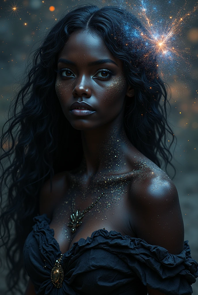 A 2 brown girl weared with full black stuffs, yellow eyes and a slightly dark purpe + black hair being covered fullbody by a sheet of water, she also has a little water sohere on his hand. She is close to the water and it's night