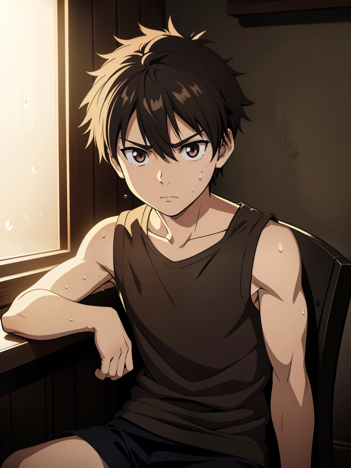 masterpiece, high quality, 1 boy, young boy, shota, tank top, sweat, sitting on chair, realistic, photorealistic, photo-realistic, 8k, detailed facial features, serious expression, determined look, well-toned, dynamic pose, detailed clothing textures, leather tank top, sweat droplets, reflection in eyes, studio lighting, cinematic composition, dramatic lighting, moody atmosphere, warm color palette, digital painting
