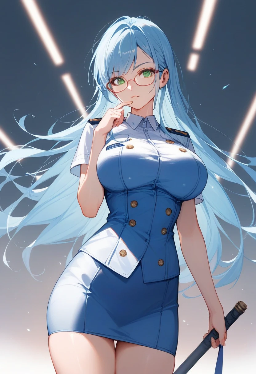 Ganyu, 1girl, solo, ((white shirt)), black thighhighs, breasts, cleavage, uniform, simple background, black skirt, pleated skirt, office, hair between eyes, large breasts, long hair, looking at viewer, light blue hair, blue short nails, solo, thighhighs, thighs, long hair, ((masterpiece)), standing, sunglasses, sexy pose, blush, shy, smile, white background,
