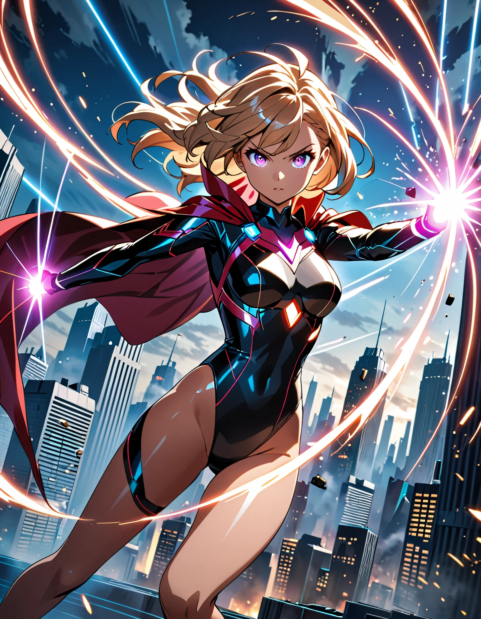 1girl, superhero, mature woman, leotard, bare legs, boots, gloves, atoms, glowing body, light surrounding her body, light particles, space backdrop, standing, hand on hip, cowboy shot, full body shot, superpower.