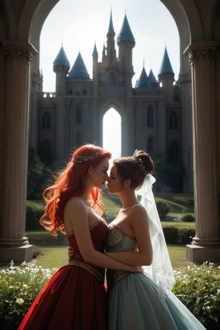 (​masterpiece, best quality:1.5), highest quality, High resolution, super detailed, Realists, Upper body photo of red-haired woman, detailed and beautiful eyes, beautiful detailed lips, very detailed eyes and face, longeyelashes, Woman in shiny pink satin evening dress, Beautiful and colorful makeup, long hairstyle, elegant and noble々Pose,shiny crown and jewels, Gardens as background, soft daylight, bright colors, fine brushstrokes, Portrait style, Noble details in the dress fabric, beautiful color palette, glowing skin, First-class rendering, that captures every detail, enchanting atmosphere, subtle shadows and lights, (perfect anatomy:1.2), (Two stunning women are deeply in love:1.4), (kiss:1.2), (magnificent panorama view:1.2)