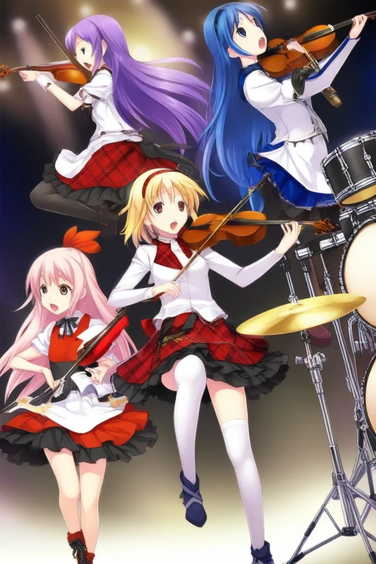 Band of 3 girls, one singing , one on drums and one with violin. All in tops and skirts
