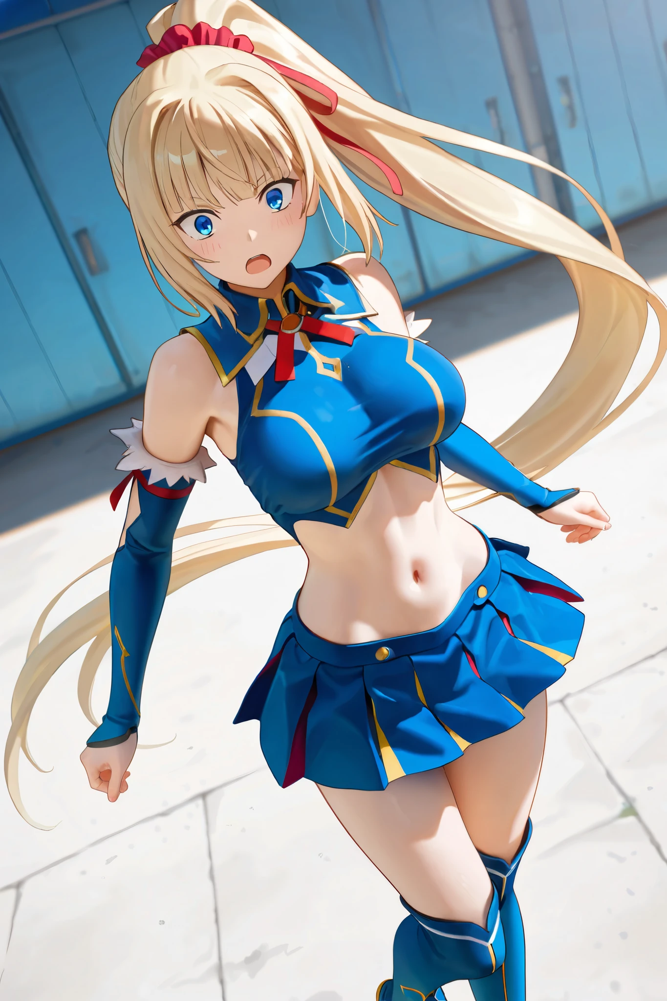(highres, absurdres, best quality, masterpiece, promotional art:1.2), noel vermillion , green eyes , blonde hair , long hair, navel , sleeveless shirt , bare arms , blue skirt , black thighhighs , standing , sideboob , armpit peek , panties , lips