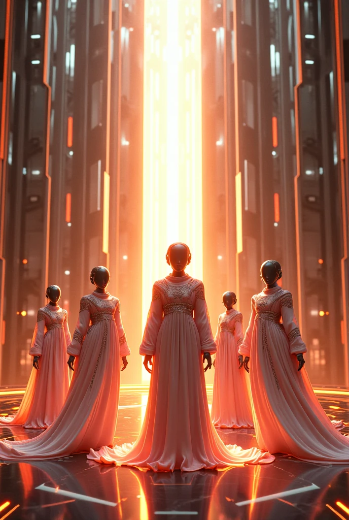 three women in dresses stand in front of a stained glass window, inspired by Kilian Eng, pale orange colors, in metal hurlant, white and gold priestess robes, still frame from a movie, by George Manson, striking artstyle, three women, benevolent android necromancer, theron, esoteric --auto --s2