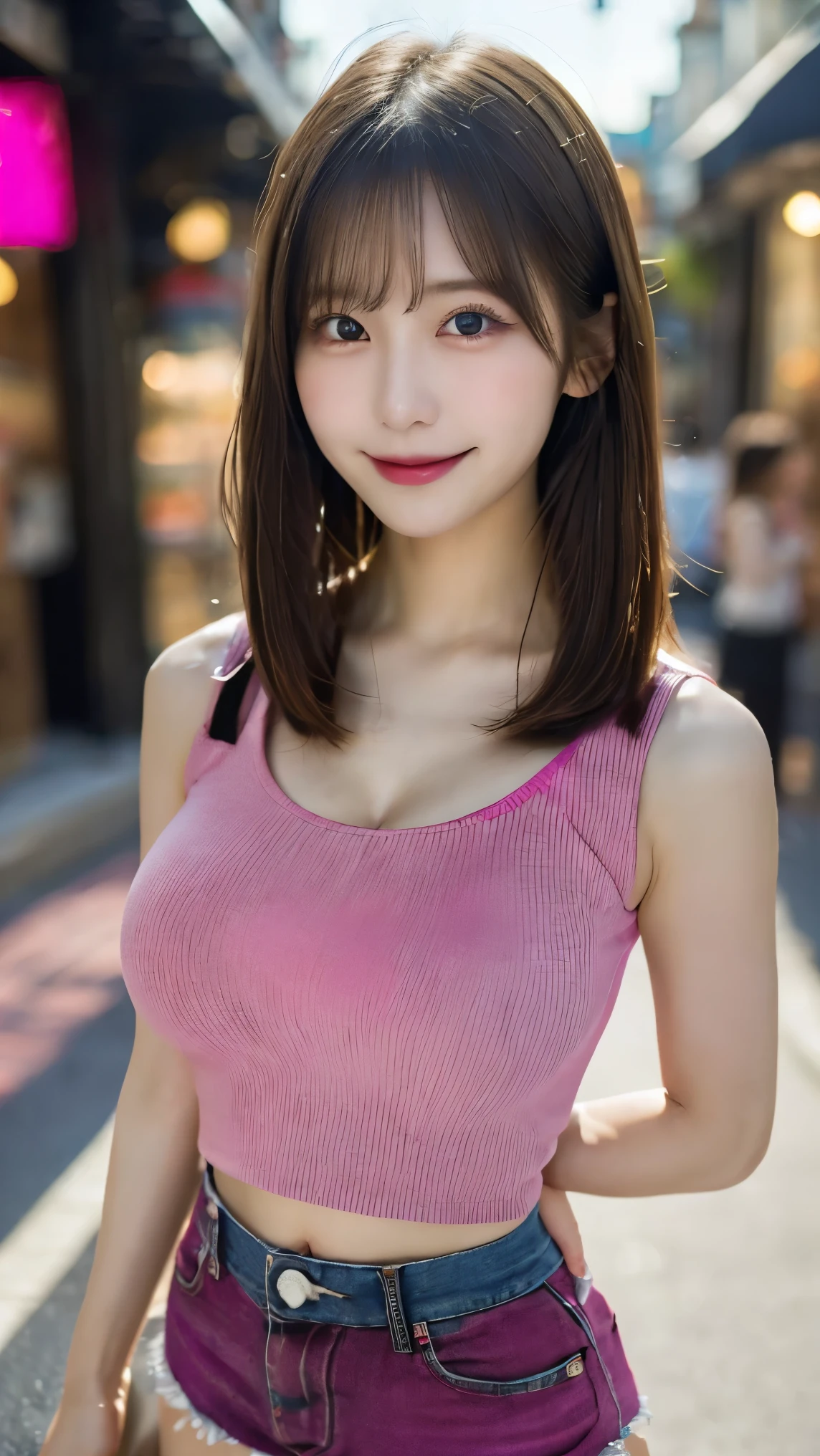 adorable, 1 girl, (face to face), , baby face, happy, half body portrait, (face details: 1), (eye details:1), ((big breasts)). wearing transparent transparency long shirt, .. Cute posed. proportional body. Ultra High Res. realistic: 1.4, UHD, (Layered Cut Hairstyle)