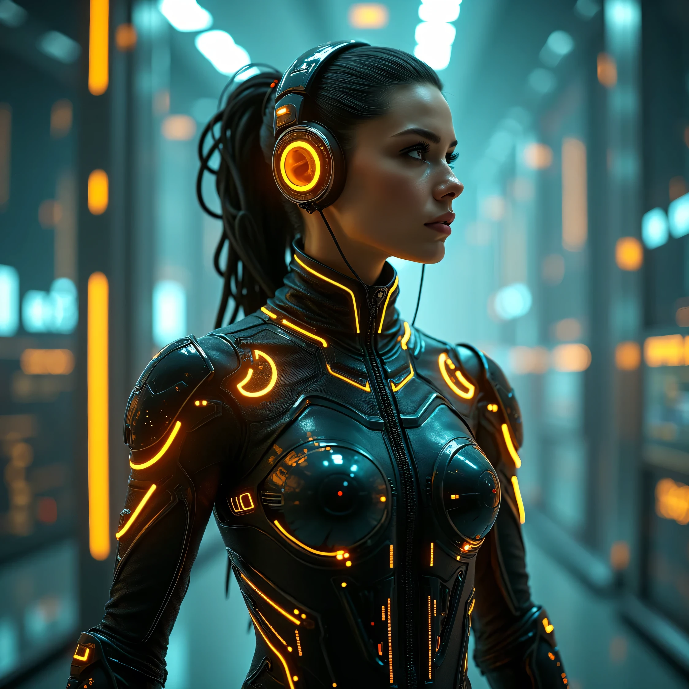 (cyberpunk, courthouse)A virtual lawyer (female, tron style, health bar over head) is addressing a virtual jury