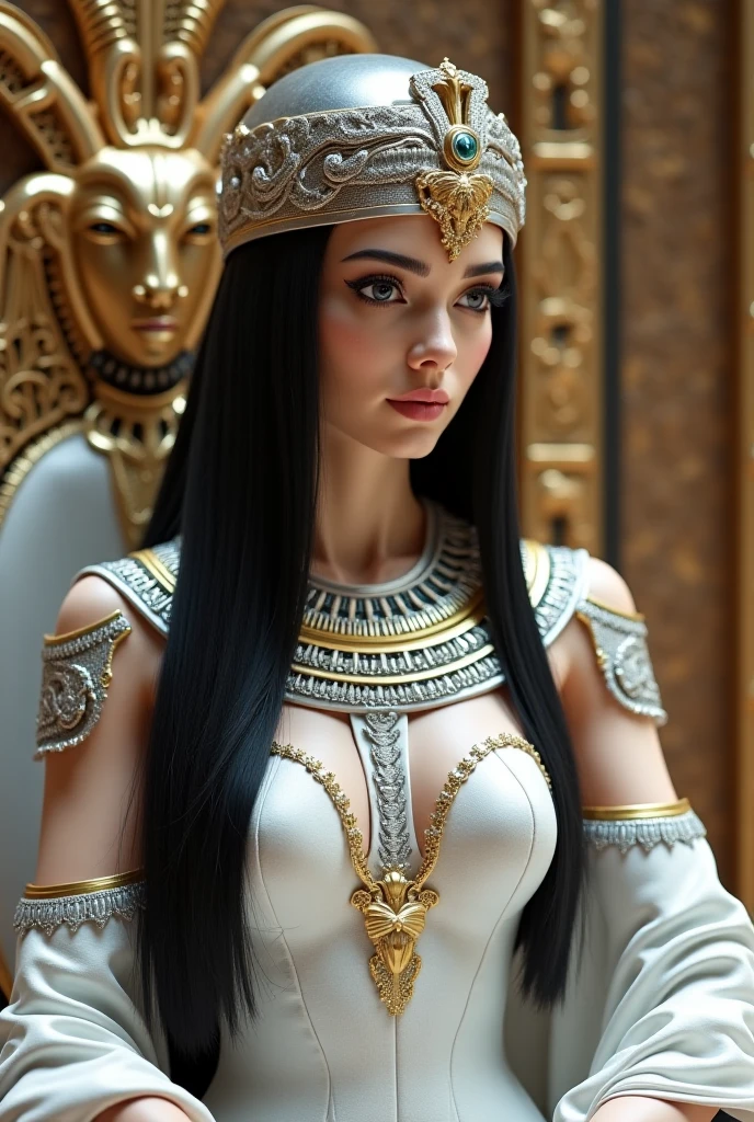 Facing the viewer is a very beautiful 23-year-old Egyptian goddess with a goddess body., piel de porcelana, labios guroesos, nariz pefecta, ojos verdes muy llamativos, cabello negro lleva un outfit insparado en la mitologia egipcia , con detalles en piedras preciosas, joyas en color oro , cabello negro, lleva en sus brazos un gato egipcio color negro con un pelaje muy suave, ellos se encuentran de pie en el que parece ser la entrada a un templo egipcio se alcanzan a mirar las columnas y la arquitectura perfecta del luga, la mejor calidad, detalles realistas, iluminacion cinematografica,
