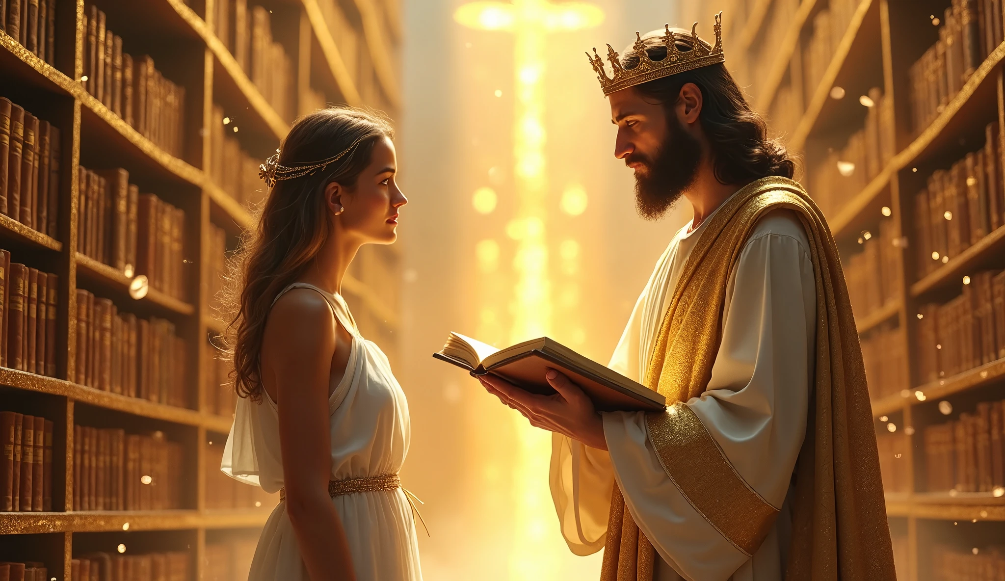 In a majestic hall that resembles an immense celestial library, filled with golden shelves filled with sacred books, a couple dressed in shining white stand before a large open book. Their expressions reflect admiration and deep attention, as their eyes scan the brilliant words that seem to come alive on the pages.
Beside them, Jesus stands, dressed in a shining linen robe and a golden crown on his head. His countenance is serene and full of wisdom, and with a gentle gesture, he points to the scriptures in the book, explaining something with patience and love. His presence illuminates the room, and his voice transmits a knowledge that touches the souls of the couple.
The celestial library shines with a soft, golden light. The books seem to contain eternal stories and secrets, recording divine names and events. The couple, amazed, listen attentively to each word of Jesus, like students learning directly from the Master.
In the air, there is an indescribable peace, as if time did not exist, and the only thing that mattered was the moment of learning alongside the King of kings.