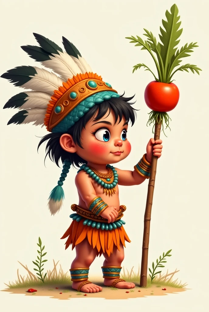 Une image d'un bébé guerrier autochtone avec une plume et une lance il y a une carote un chou et une betrave sur sa lance, image enfantin