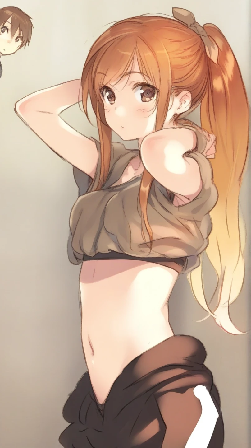 1 woman, long brown hair, nude, small breasts, hard nipples, perky breasts, muscular, fox ears, slutty face, wide hips, small waist, fat ass, high view, hazel eye color, breasts, beautiful woman, cute face, ass, arms crossed
