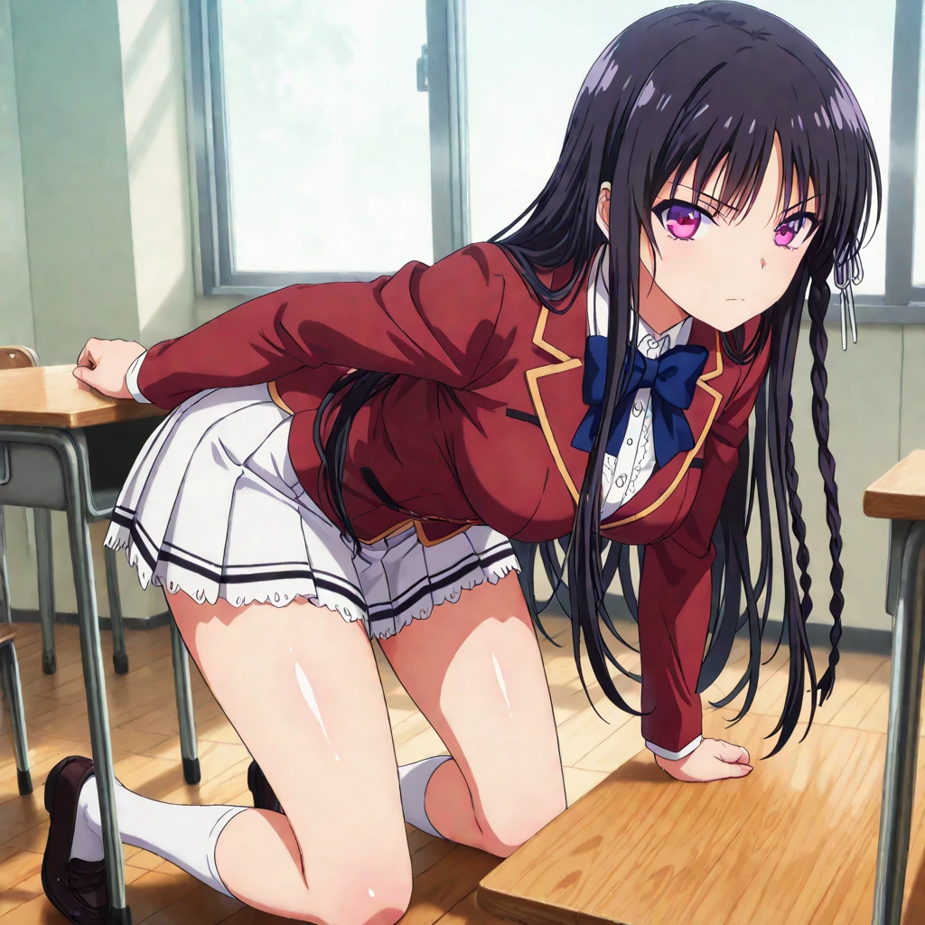 nsfw,suzune horikita,toilet,toiletに座る,Show the whole body,back shot,uniform,Red blazer,Hair ribbon, black knee-high socks,pull down pantie,looking away,Pee,Urinating,spread legs