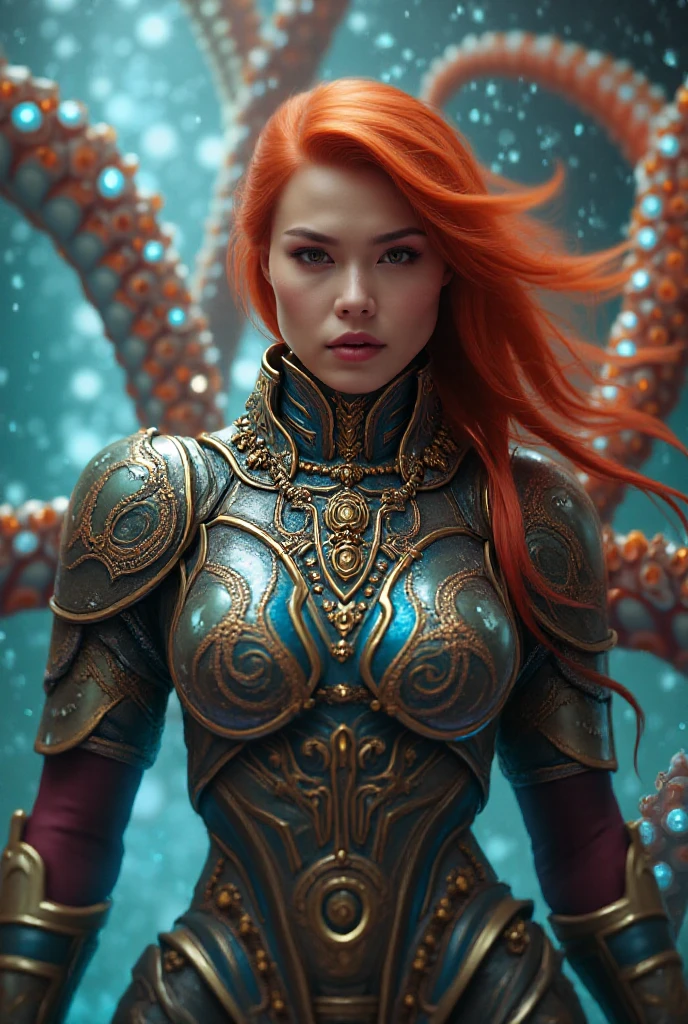 Redheaded female octopus furry character wearing armor