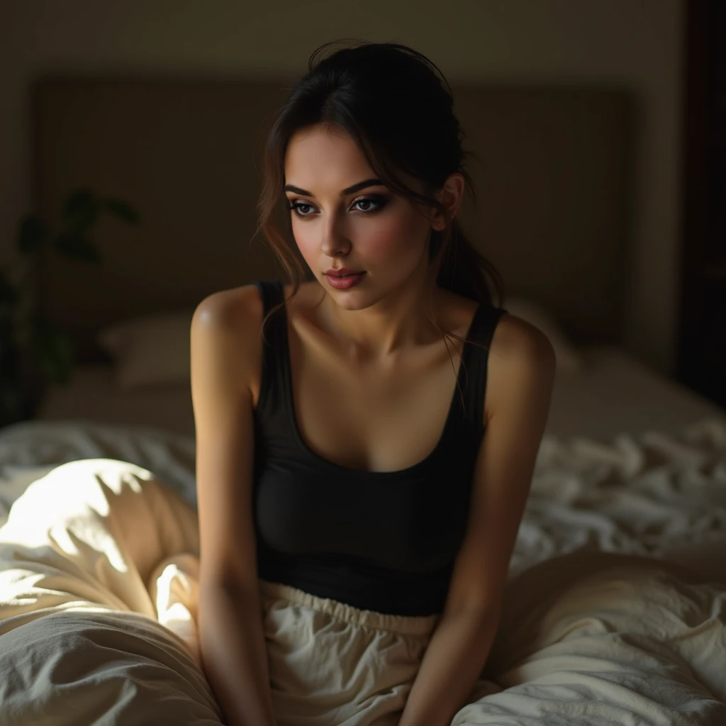 a young woman sitting indoor in a cozy dimly lit room wearing a black sleeveless top. soft bed linens are in the background, creating a relaxed and inviting vibe