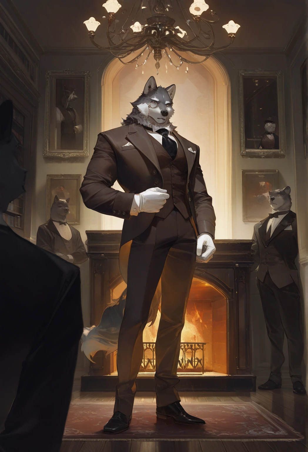 cg,front view,perfect composition,perfect angle,,(ciloranko:0.3), suzumi \(ccroquette\), dino \(dinoartforame\), (ask \(askzy\):0.6), null_ghost,kemono, bara, butler, victorian era,very awa, masterpiece, best quality, year 2024, newest, highres, absurdres,solo, single person, solo focus, indoors,adult, muscular male, Well-balanced body ,Perfect proportions,muscular,mature male,furry, anthro furry, wolf, grey fur, grey wolf, wolf tail,monocle, formal wear, brown suit, brown vest, white shirt, black tie, white gloves,respectful, dignified, standing, proper posture,mansion interior, fireplace, portrait on wall, luxury room, antique furniture, warm lighting, chandelier, wooden floor, persian carpet, bookshelf, oil painting, ornate frame, burning fireplace, flame, warm atmosphere,
