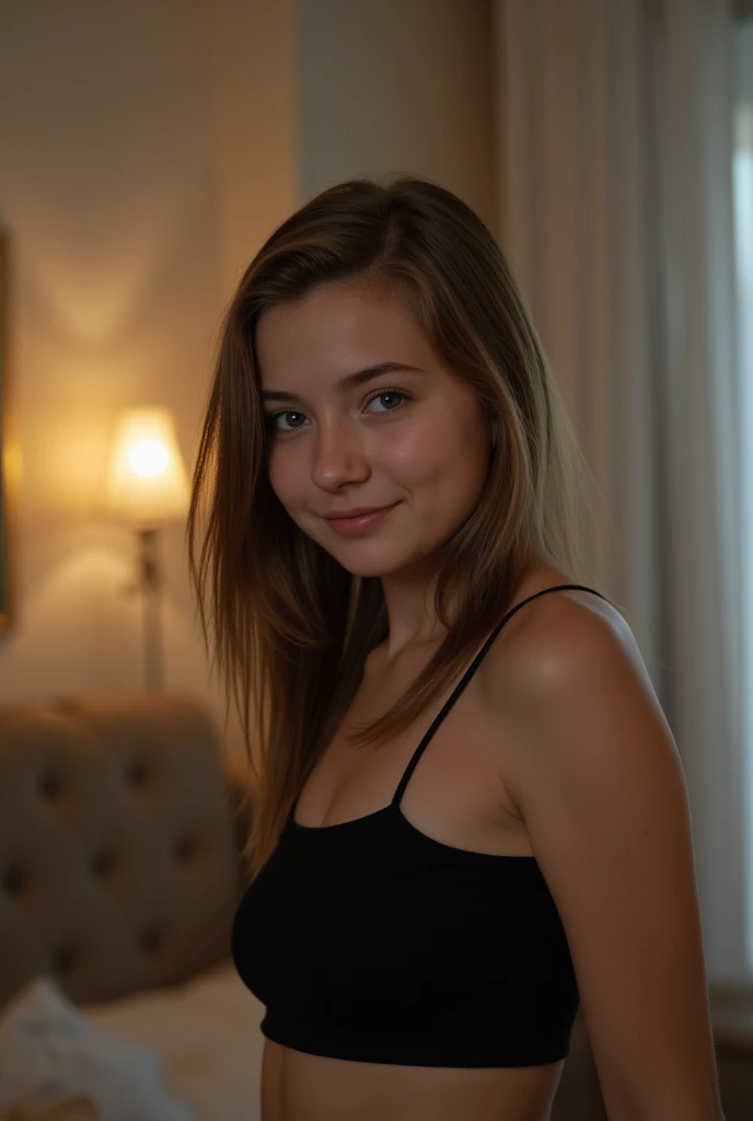 Lily Bowman), posing, modeling full body, with dark red casual outfit design, sexy smile, best quality, blur night background with Green Eyes, , Ultra Realistic, Meticulously Detailed, Portrait, Blonde Hair and Big Eyes, Selfie of a Young Woman, Green Eyes, No Makeup, Natural Makeup, Looking Directly at the Camera, face artgram, subtle make-up, Impressive photo, stand, with sexy smile, Medium and large size chest, allowing the face to be seen clearly, night