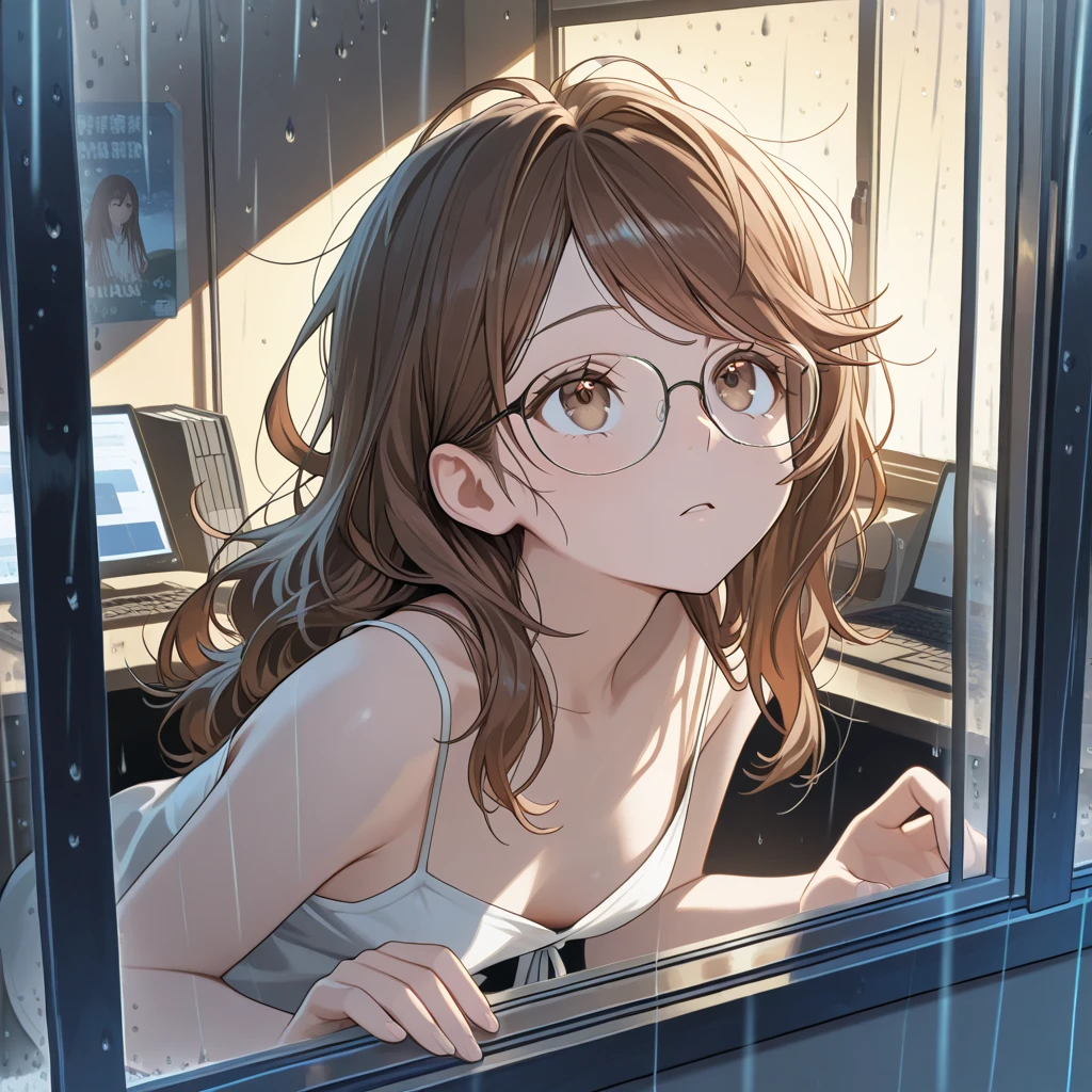 (masterpiece:1.2, Best Quality), (finely detailed beautiful eye: 1.2), (beautiful detailed face), from outside window, close up, leaning forward, holding out hand, looking up, upper body, small breasts, looking outside, reflective glass, raining outside, computer desk, messy hair, solo, long wavy brown hair, swept bangs, brown eyes, glasses, thin, white spaghetti strap shirt, loose sleeveless shirt, upper body, dusk, shadows, vanity, window, posters, night,