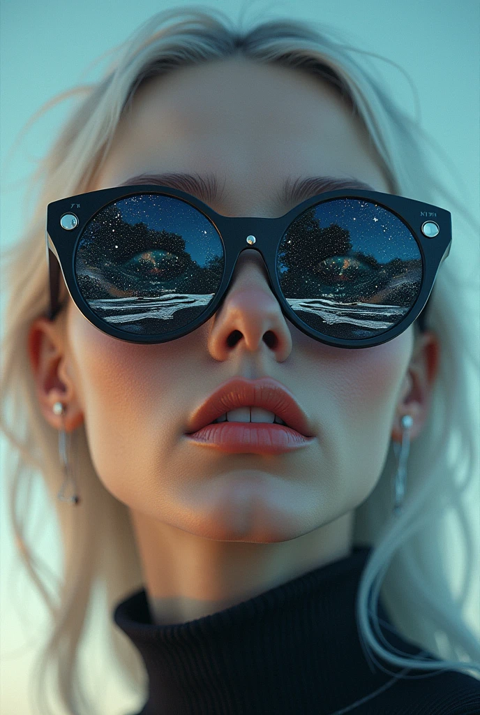 The model is wearing glass sunglasses with stars and the moon on the glass