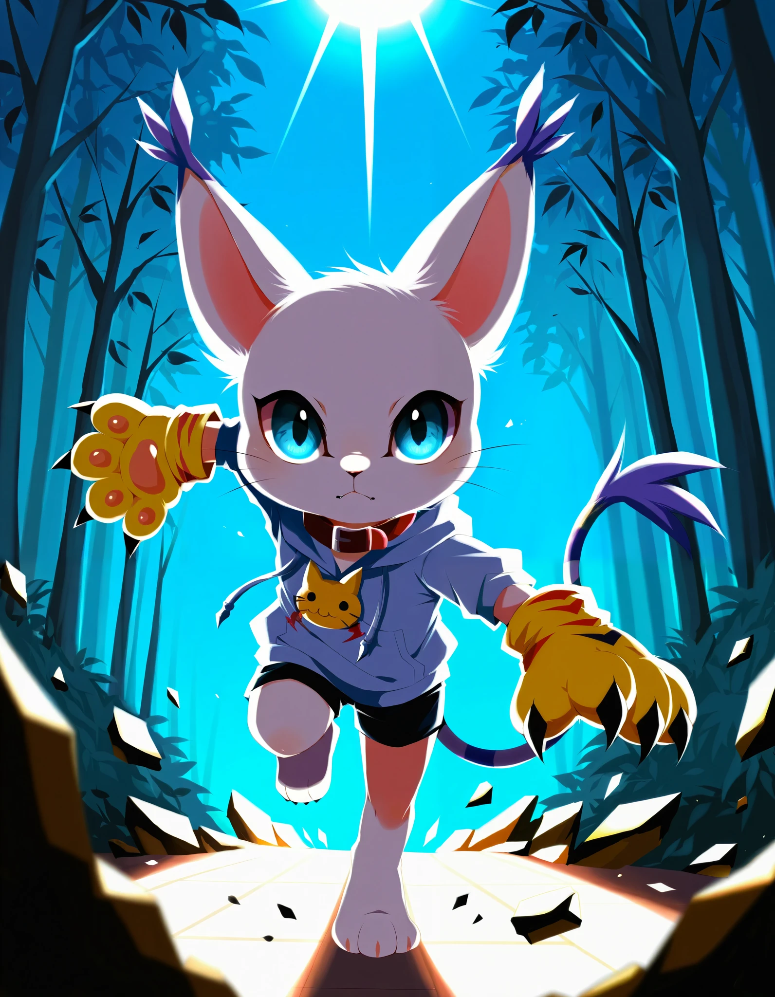 gatomon, running, full-length portrait, action pose, yellow paw glove, claws, red collar, hoodie robe, short pants, BREAK, by Ke Mo Suke, by Fredek666, by Studio Ponoc, detailed background, detailed foreground, depth of field, ambient silhouette, backlighting