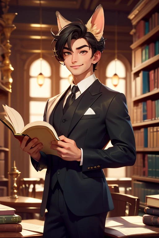 Perfect Face. Perfect hands. A black haired man with golden eyes and black fox ears and a black fox tail in a suit is smiling while reading a book in the library.