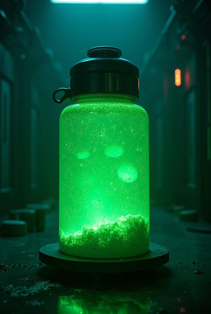 Create an image of an uncapped tank filled with liquid in the color radioactive shiny dark neon green