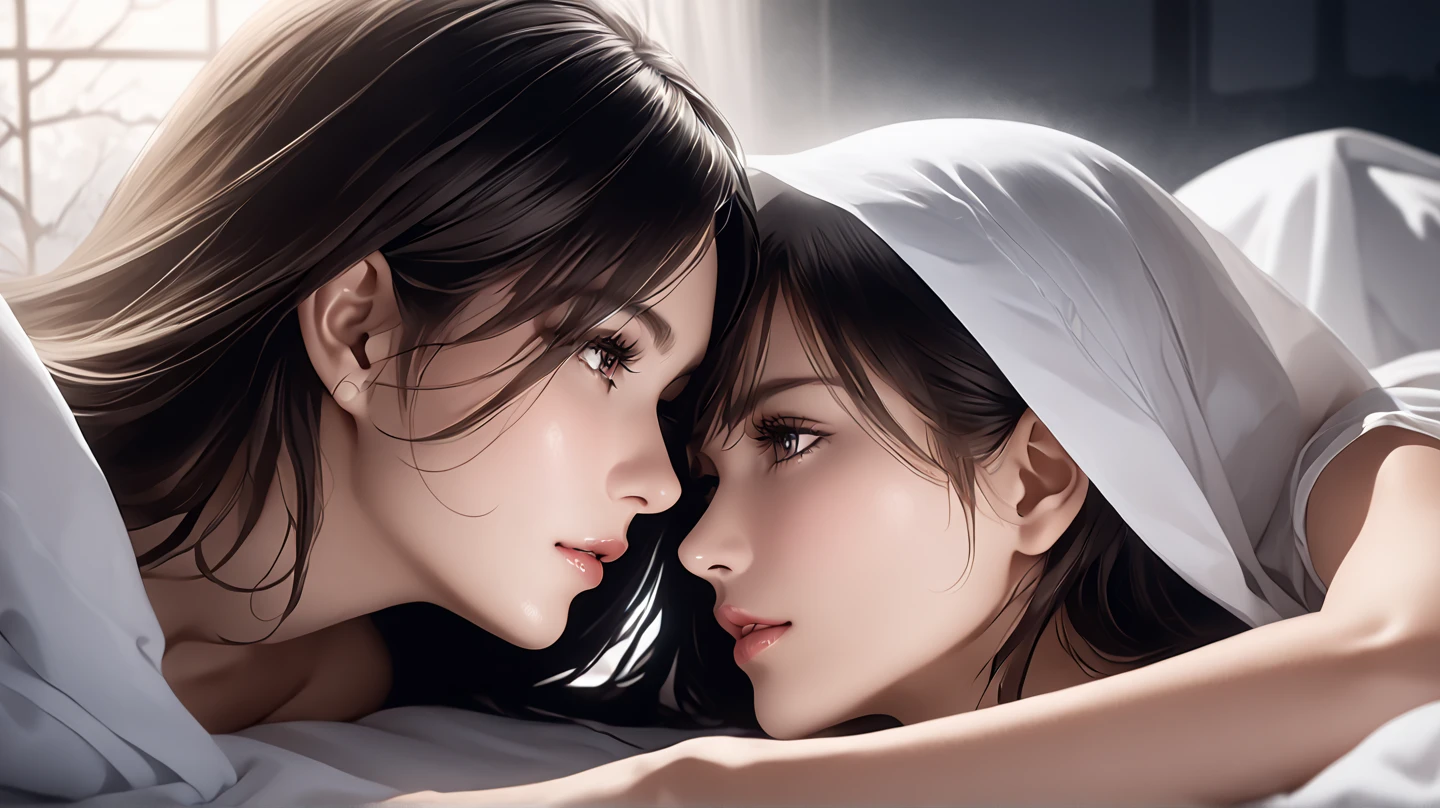 Two beautiful women lying face to face in bed, White bedding. Superb , Mysterious and sweet atmosphere, Various effects in the fog. Professional and Perfect Composition , Extremely detailed depiction, Extremely Clear Images , bold and dynamic , Light and shadow contrast, super detailed, Absolute determination, masterpiece