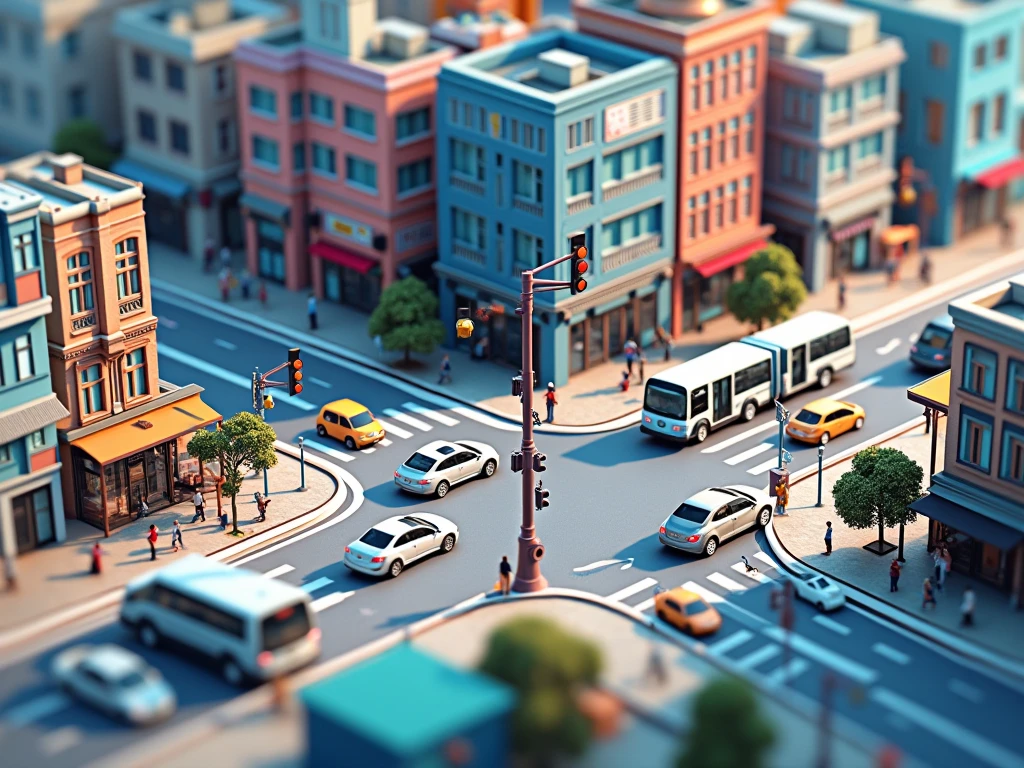 Animated 3d illustration of the top view of the isometric city with road intersection and buildings where traffic signs are respected