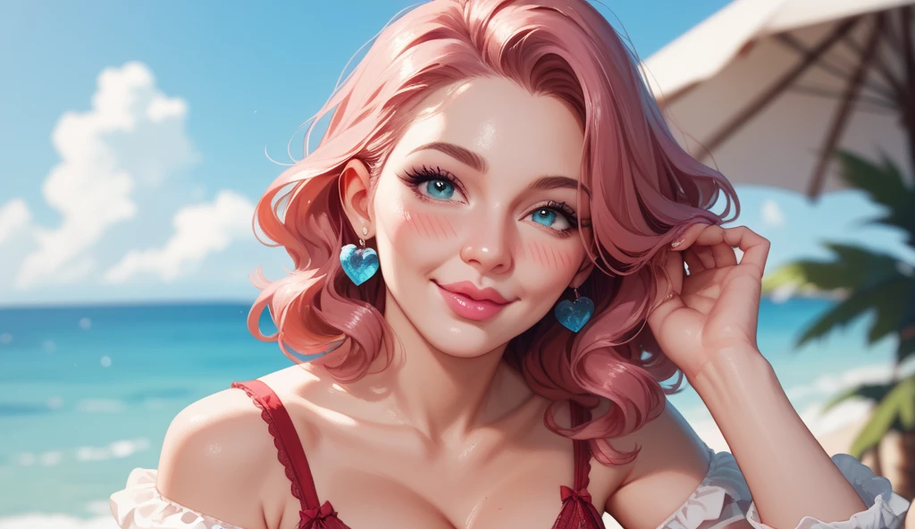 White skin mature 21 years old cute girl with ocean blue coloured eyes and red medium length wavy hairs, pink blushing cheeks and pink lips
