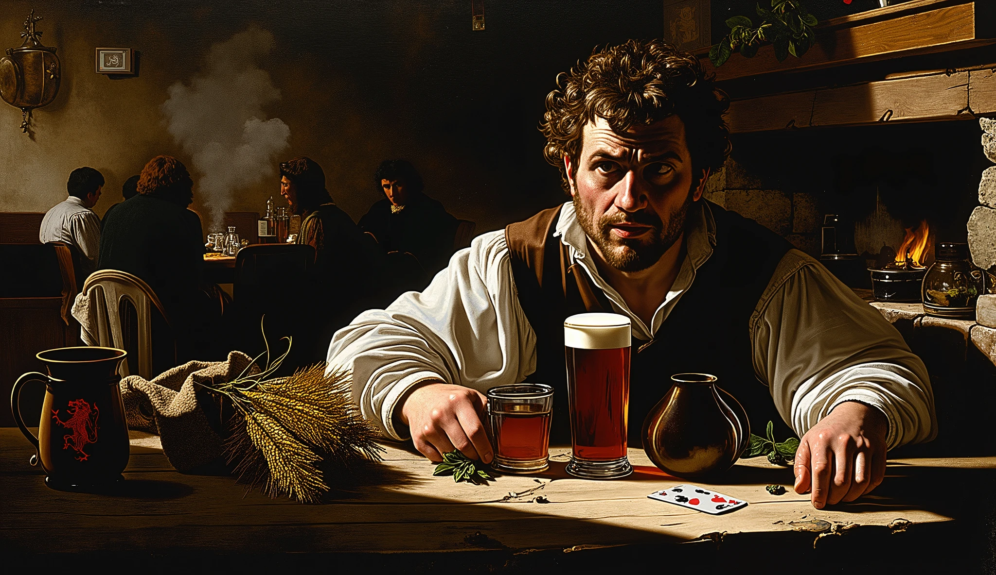 A dramatic Caravaggio-style painting depicting a rugged English brewer in a dimly lit 17th-century pub, savoring a glass of deep red beer. The brewer, a burly man with weathered hands and a worn leather apron, sits at a wooden table bathed in a dramatic beam of light. His face, partially shadowed, shows a contemplative expression as he gazes into the crimson liquid in his pewter mug. The beer glows with a rich ruby hue, contrasting starkly against the dark surroundings.
The room is rich with symbolic elements tied to brewing and English culture. On the table beside the brewer, a bundle of golden barley spills from a sack, symbolizing the foundation of the brewing process. A twisted vine of hops climbs up a wooden beam nearby, representing bitterness and balance in the beer. A copper brewing kettle, partially obscured in the shadows, hints at the craftsmanship behind the drink.
In the background, shadowy figures gather around tables, engaged in quiet conversation, their faces barely illuminated by flickering candlelight — evoking the social heart of English pub culture. A wooden tankard marked with the emblem of a red lion, symbolizing British heritage, rests on a shelf above a stone fireplace where a faint plume of smoke rises. A worn playing card — the Ace of Hearts — lies near the brewer’s mug, symbolizing passion and devotion to his craft.
The textures are rich and lifelike — the sheen of sweat on the brewer’s brow, the rough grain of the wooden table, and the warm glow of the beer itself. The composition combines intimacy with powerful symbolism, evoking the dedication, tradition, and cultural importance of beer in 17th-century England.