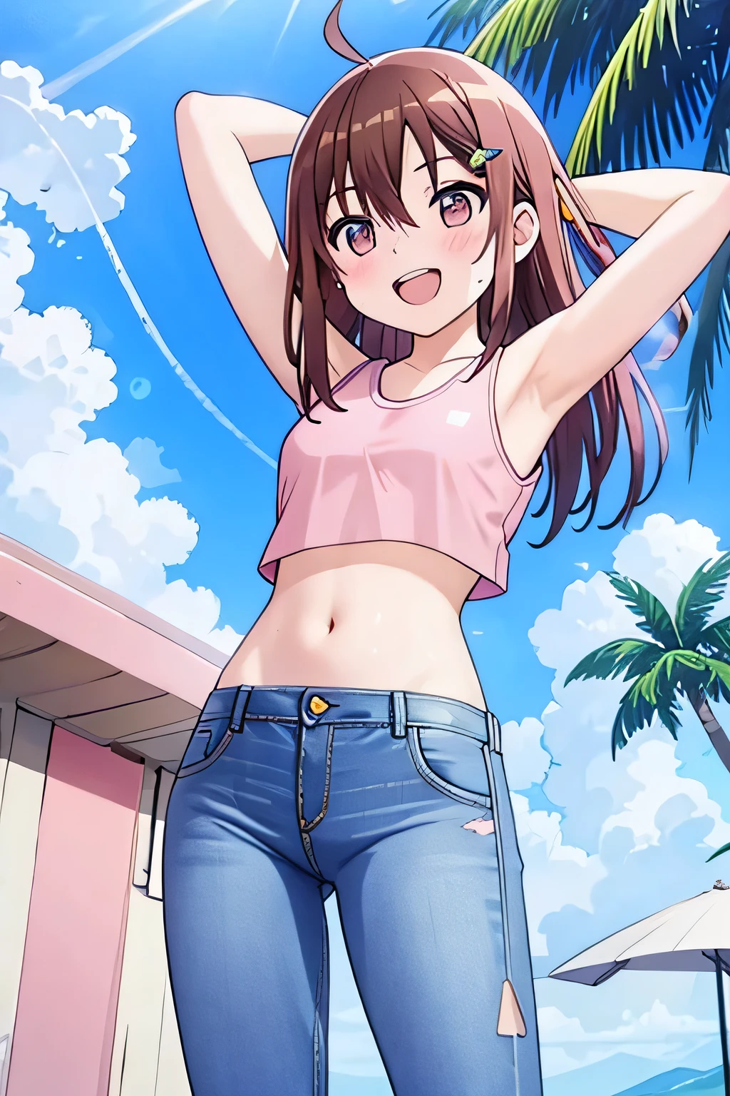 (8K、Highest quality、Highest quality、masterpiece)、Detailed face、One Girl、(Brown Skin:1.2)、Long Hair、Red Eyes、Serious、(Red Tank Top、Denim hot shorts、Open Shorts、Unziped shorts、Mini jeans Shorts、No Panties、NoPanties、Spread pussy、heart cutout)、labia view、Beach、cloud、vagina、Pussy Lip、Wedgie between Pussy Lips、Big Breasts