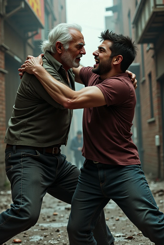 A Cambodian man fights with an old man wearing a black suit in the forest during the day 8k  