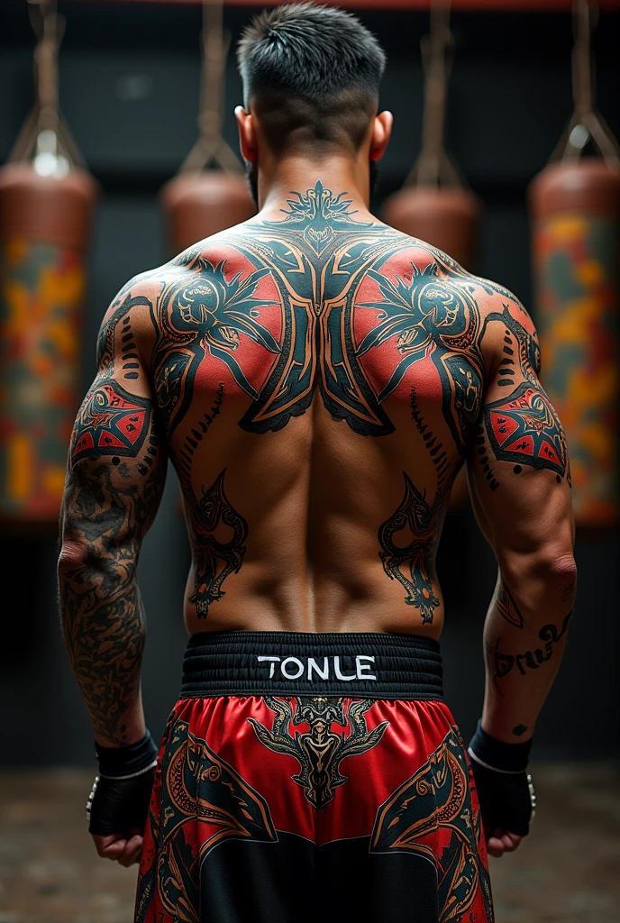 Intricate long tattoo along the left side of man displaying soccer fire steel, side view,