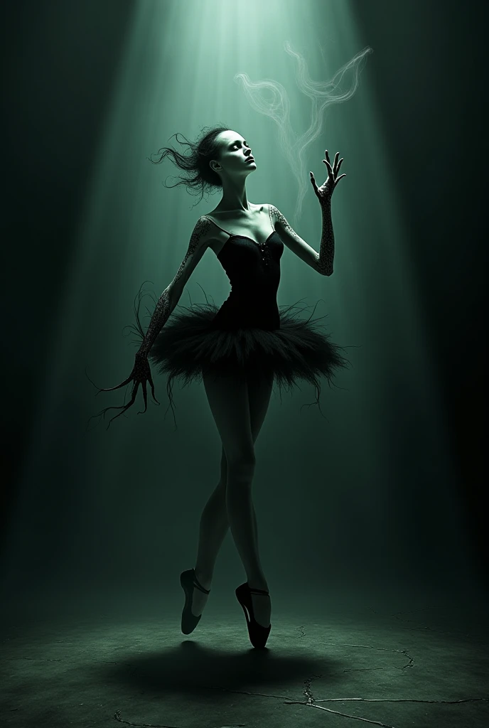 A captivating dark fantasy image of gestalt figures of surreal death dancing to the music of the orchestra of the past. The photo has a vintage, sepia tone and is transformed into a striking poster. The dancers, with pale complexions and eerie expressions, are dressed in Victorian-era attire. Their movements are fluid and haunting, as they seemingly float above the ground. In the background, a mysterious orchestra composed of skeletal figures plays a haunting melody that envelops the scene., dark fantasy, poster, photo
