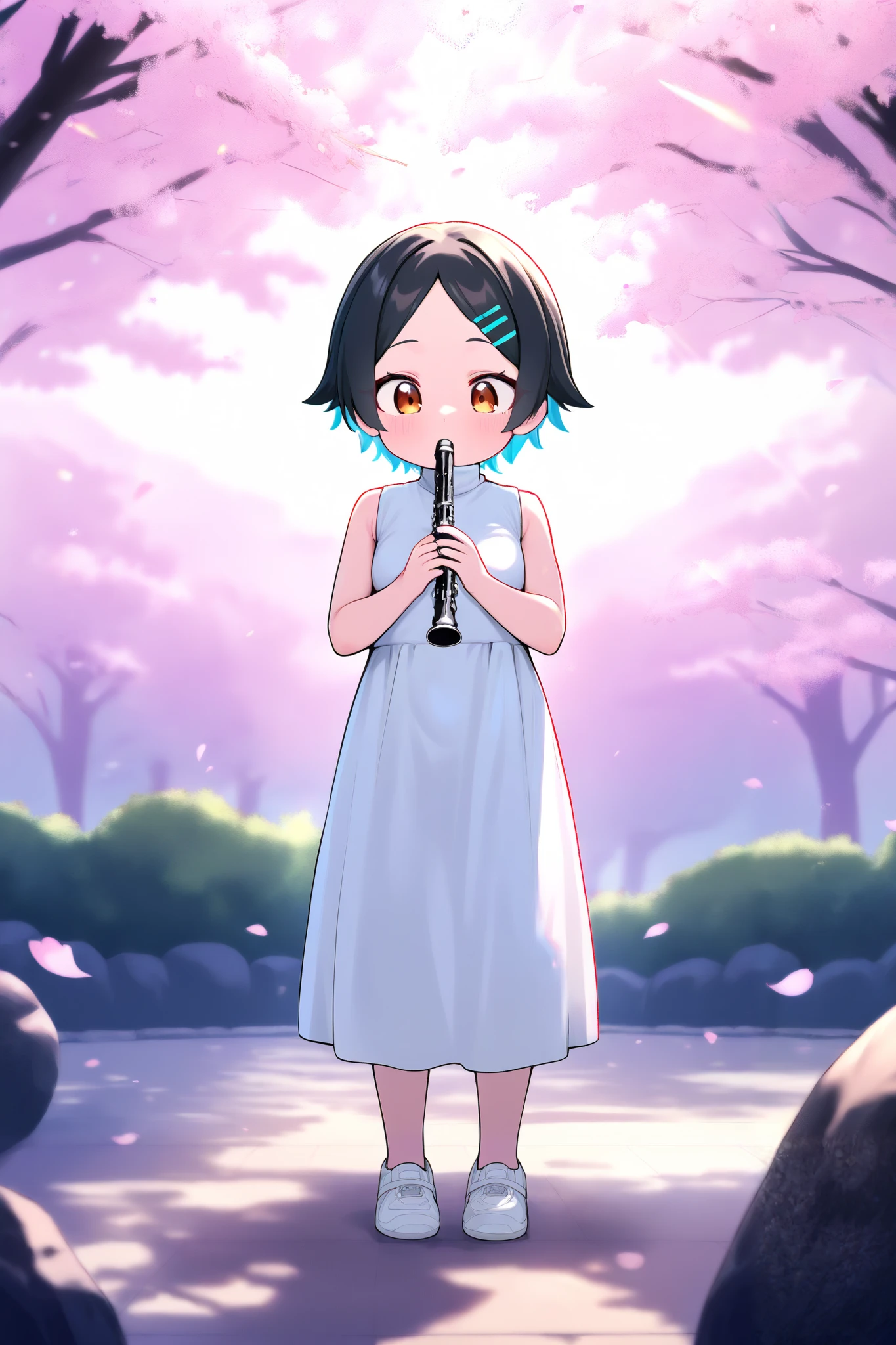 masterpiece, best quality, amazing quality, newest, very aesthetic, rating safe, female focus, front view, full body shot, 1girl, tomboy, parted bangs, black hair, brown eyes, hairclip, turtle neck dress, white long dress, sleeveless, hands up, holding flute, flute, music note, cherry blossom background, sunlight, amazing background, bokeh, highres, absurdres
