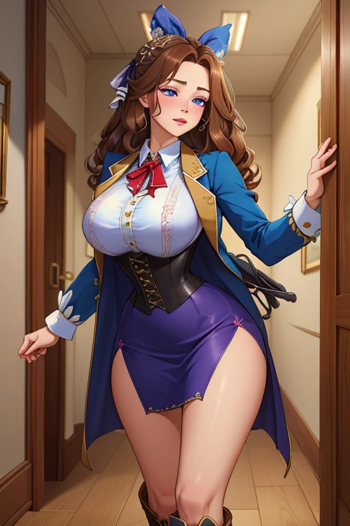 (Masterpiece, Best Quality, High Quality:1.4), professional artwork, Intricate Details, field of view, sharp focus, detailed painting, masterpiece, cinematic lighting, trending on pixiv, (vivid lighting, vibrant colors, by by Nagasawa Rosetsu:1.05), Hiroko Takashiro, (mature female, milf:1.1), solo, (curvy:1.1), standing near chalkboard, holding chalk, classroom, (full body shot:1.1), (brown hair:1.05), long hair, lipstick, makeup, ultra detail hair, ultra detail face, (purple eyes:1.05), perfect eyes, perfect face, earrings, (confused, blush:1.2), shirt, jacket, (black thighhighs, garter belt:1.1), zettai ryouiki, pencil skirt, , highheels, (Large Breasts:1.1), Cleavage, big ass, thighs,
