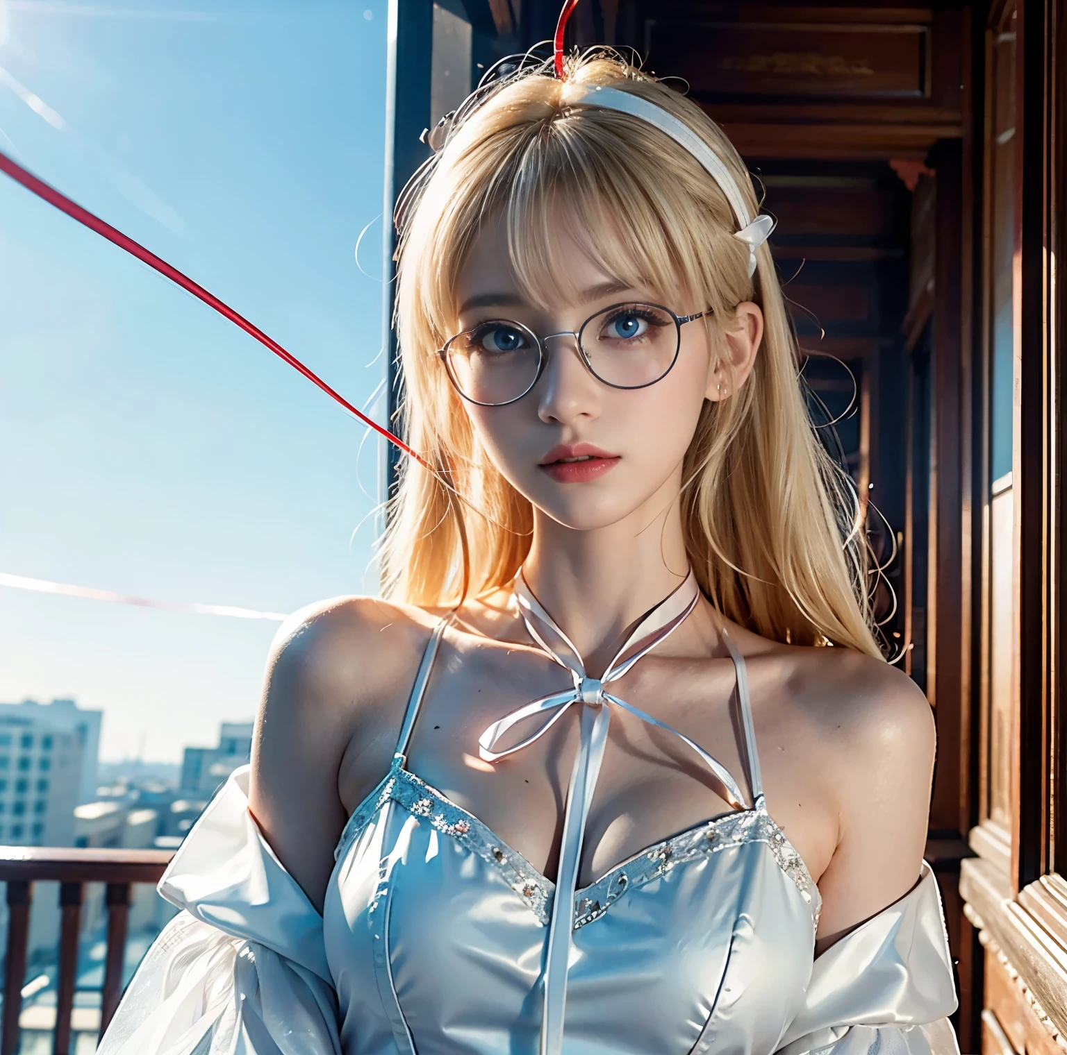 8K quality, pictures, Two beautiful men and beautiful women, Beautiful like a goddess, people are hazy at the Great Library, above chest shot at the ruins, (White blouse with red thin string ribbon tie:1.2), (Fine silver glasses), (Sparkling, beautiful light blue eyes and blond hair:1.2), Hair flying in the wind, Whitening skin like white porcelain, Half Up with Bangs, On the roof, extremely beautiful eyes, real, Photograph,