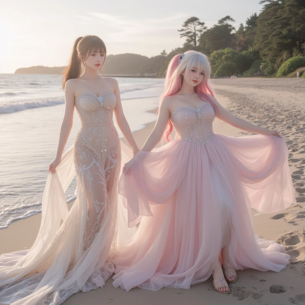 Girl with dark slightly curly shoulder length hair, on a beach, wearing a wedding dress, full body shot