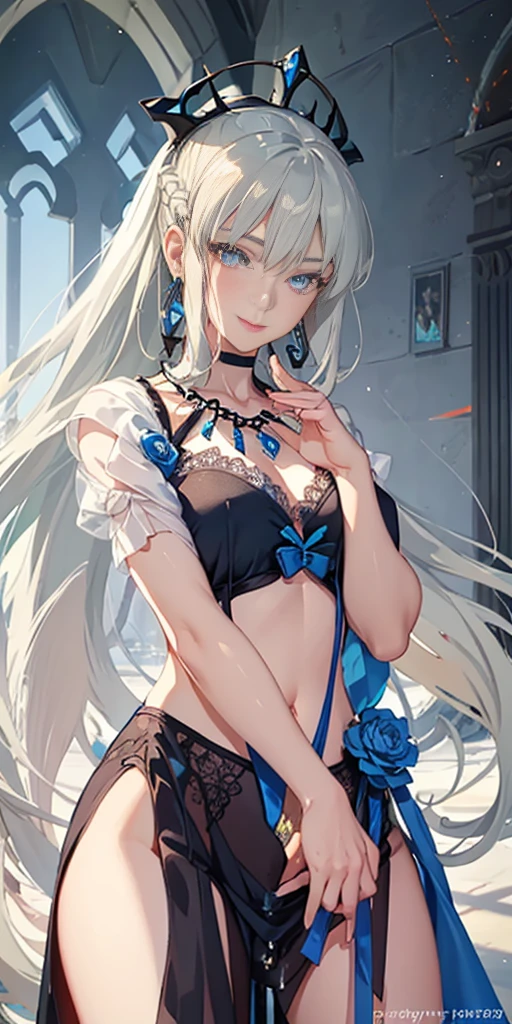 (masterpiece、Ultra high definition、16K 、High quality illustrations)、One Beautiful Woman、nine-headed body、(very small head:2)、(Large Breasts:2)、(Short torso)、Long legs、Silky white hair、(Beautiful Blue Eyes:2)、Straight Long Hair、(Black lace see-through dress:2)、(Slits up to the waist:2)、(Nipples visible through the dress:2)、blush、(Soirée in the castle:2)