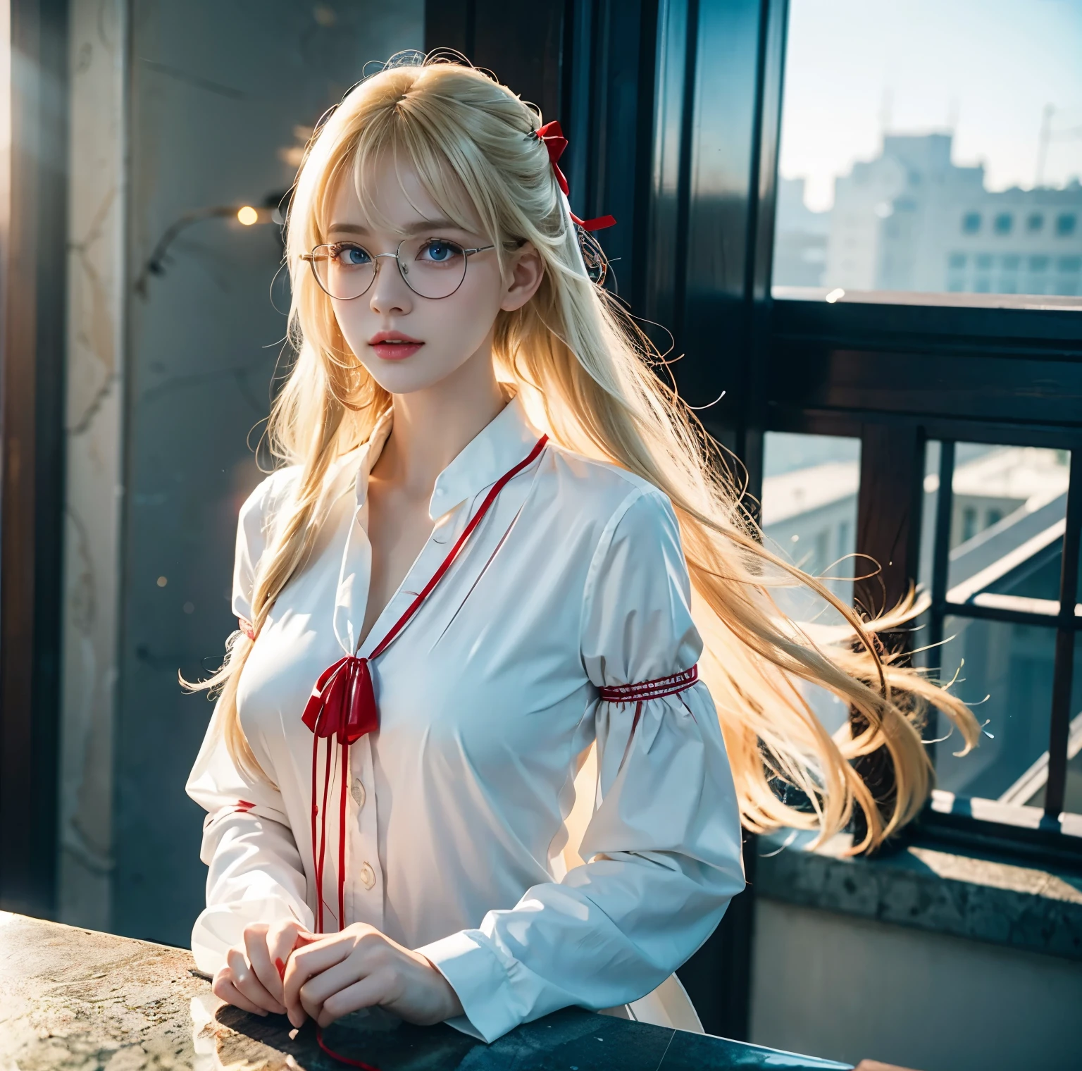 8K quality, pictures, Two beautiful men and beautiful women, Beautiful like a goddess, people are hazy at the Great Library, above chest shot at the ruins, (White blouse with red thin string ribbon tie:1.2), (Fine silver glasses), (Sparkling, beautiful light blue eyes and blond hair:1.2), Hair flying in the wind, Whitening skin like white porcelain, Half Up with Bangs, On the roof, extremely beautiful eyes, real, Photograph,