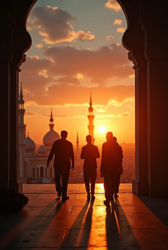 silhouette photo of 5 young people running towards the mosque at sunset, golden yellow light from in front of them, the silhouette of the mosque is very beautiful and majestic
