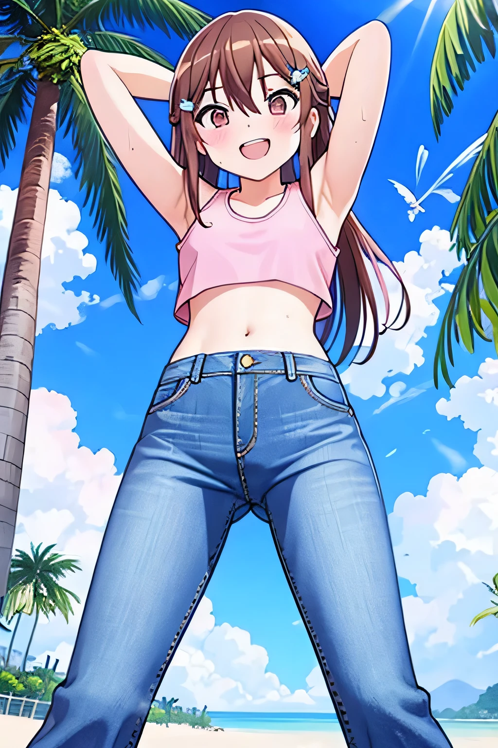 (8K、Highest quality、Highest quality、masterpiece)、Detailed face、One Girl、(Brown Skin:1.2)、Long Hair、Red Eyes、Serious、(Red Tank Top、Denim hot shorts、Open Shorts、Unziped shorts、Mini jeans Shorts、No Panties、NoPanties、Spread pussy、heart cutout)、labia view、Beach、cloud、vagina、Pussy Lip、Wedgie between Pussy Lips、Big Breasts