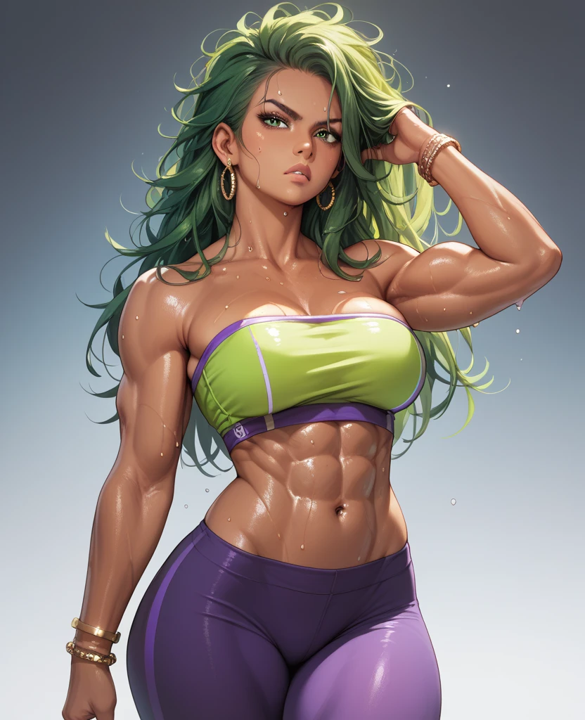 1girl, Full body, female version of the Hulk, She-Hulk in a white and purple workout suit, GREEN SKIN, muscles, green hair, green eyes, green colored skin, show cleavage, dynamic pose, (masterpiece, best quality, detailed skin texture, beautiful detailed face, intricate details, ultra detailed), dynamic pose, (Best quality, A high resolution, Photorealistic, 8K,Masterpiece, ),Best quality, Masterpiece HDR