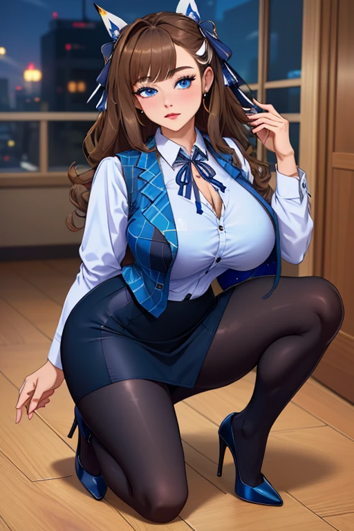 (table top, highest quality, High resolution, , perfect pixel, 4k,), 1 girl, single, alone, Beautiful woman、I could see the whole body、 ((wavy mid hair, bangs, brown hair)), ((brown eyes, beautiful eyelashes, realistic eyes)), ((detailed face, blush:1.2)), ((smooth texture:0.75, realistic texture:0.65, realistic:1.1, Anime CG style)), medium breasts, dynamic angle, perfect body, ((, female teacher, , earrings、necklace、white shirt with collar、Shirts without buttons、Dark blue flared skirt、black knee high stockings、open both legs wide、、shy smile、Sit on the floor、leaning forward)), Upper grade、、、evening、、(You can see the white and light blue lace panties and bra、、(Bring your chest and arms together、Lift up your skirt and show your panties、The wind blows up my skirt)、angle from below)、