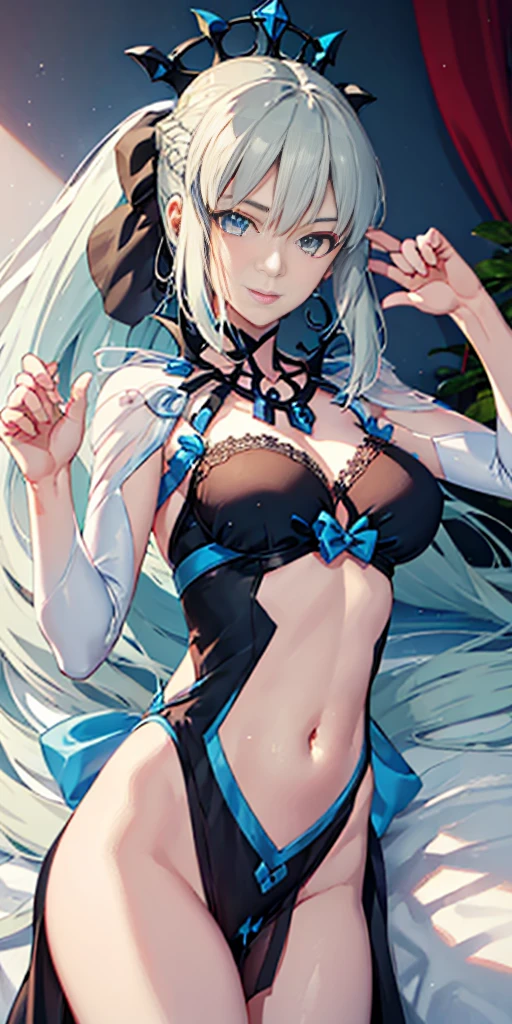 ((Best Quality)), (ultra-detailliert), ((Extremely detailed)), (Beautiful), ((Kawaii Girl)), ((UHD)), (masterpiece), (high quality), (best quality), (4K), (high quality), 1, solo girl, 1girl, ((platinum blond hair)), parted bangs, ((hair intakes)), long hair, (hair two side up long), ((jade colored eyes)), slanted eyes, medium breasts, slender body, lite blue, babydoll trimmed with lace, side tie panties, garter belt, bedroom, anime, ;D