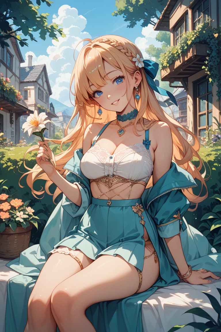 (masterpiece:1.2), (highest quality:1.2),, Curvy but slender body, perfect eyes, perfect face, perfect lighting, 1 girl, in the garden, (feet visible),(walking),(knitted sweater),(cute gesture),(smile),(ponytail),curly hair, Fine clothes, Detailed outdoor background, compensate, eye shadow, thick eyelashes, fantasy, looking at the viewer, whole body,alice in wonderland、blue sky、Bright and very beautiful face、young shiny glossy white shiny skin、the best beauty、The most beautiful bright blonde hair in the world、thin hair、long hair、Shining beautiful bangs、Glowing crystal clear big blue eyes、Very beautiful lovely 17 year old most beautiful girl in the world、small breasts
