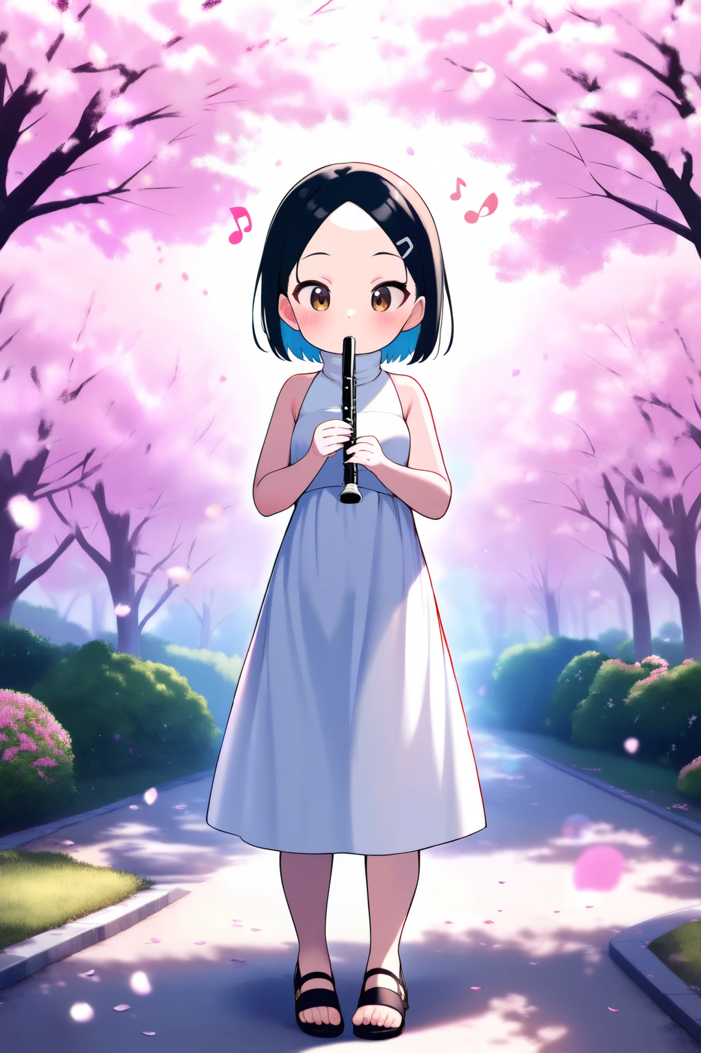 masterpiece, best quality, amazing quality, newest, very aesthetic, rating safe, female focus, front view, full body shot, 1girl, tomboy, parted bangs, black hair, brown eyes, hairclip, turtle neck dress, white long dress, sleeveless, hands up, holding flute, flute, (music note), cherry blossom background, sunlight, amazing background, bokeh, highres, absurdres