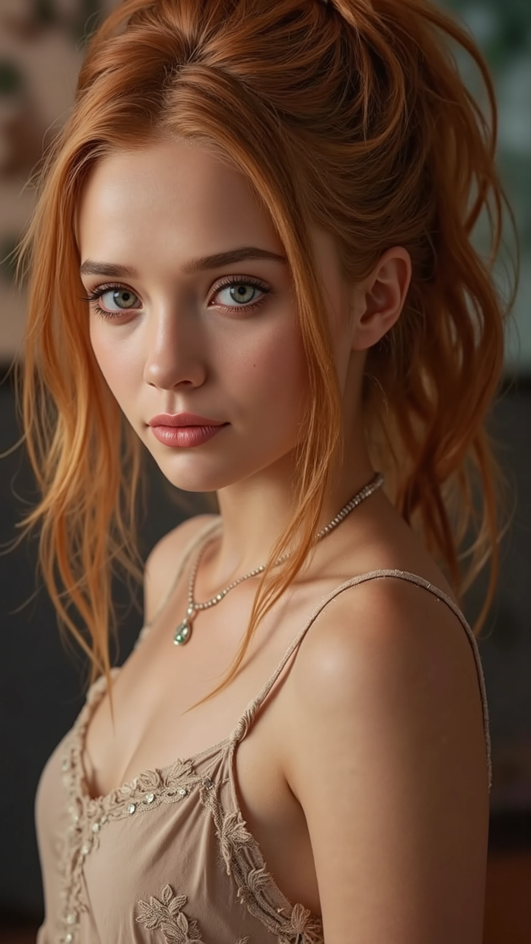 🌟 quality & silent: whole head down to below the chest, three sided view, masterpiece, 8k, ultra high resolution, hyperrealistic, very detailed, natural lighting, SLR lighting, SLR camera , Fujifilm XT3, film grain, Sharp concentration, perfect lighting. 🌌 Scene & background: different backgrounds: A romantic sunset on the beach, with warm, golden hues . A dark, mysterious forest with moonlight, that falls through the trees. A luxurious Bedroom with candlelight and silky curtains. Ein urbaner background mit Neonlichtern und regennassen Straßen. 😈 model & Styling: A young , wild girl with fiery red hair, different hairstyles such as flattop, quin tails, tri tails, pixie cut, expressive hair, single sidelock, hair pulled back, french braid, blunt bangs, ahoge, streaked hair, which in various Poses fall loose or styled are, and bright blue eyes . She is wearing a lightweight , torn dress made of natural materials, that underlines her free and independent nature. 🔥 Pose & Mood: Different sensual facial expressions: she looks directly at the camera , with a seductive smile and half-closed eyes. She opens her lips slightly, with a playful and tempting look. She tilts her head slightly to the side, with a dreamy and sensual expression. She looks over her shoulder, with a mysterious and intense look. Die Mood ist sinnlich, seductive and full of emotions. 💋
