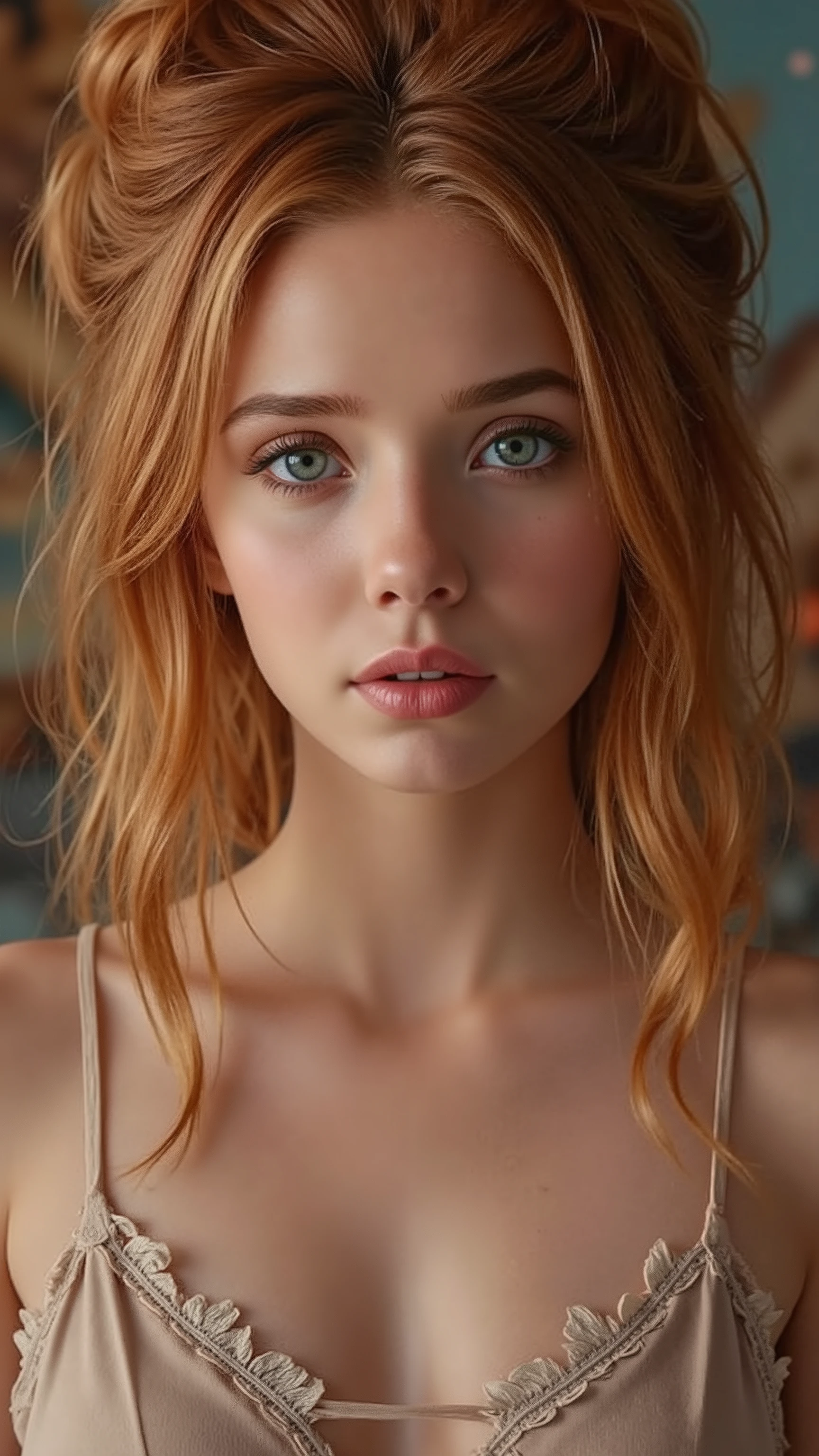 🌟 quality & silent: whole head down to below the chest, three sided view, masterpiece, 8k, ultra high resolution, hyperrealistic, very detailed, natural lighting, SLR lighting, SLR camera , Fujifilm XT3, film grain, Sharp concentration, perfect lighting. 🌌 Scene & background: different backgrounds: A romantic sunset on the beach, with warm,  golden hues . A dark, mysterious forest with moonlight, that falls through the trees. A luxurious Bedroom with candlelight and silky curtains. Ein urbaner background mit Neonlichtern und regennassen Straßen. 😈 model & Styling: A young , wild girl with fiery red hair, different hairstyles such as flattop, quin tails, tri tails, pixie cut, expressive hair, single sidelock, hair pulled back, french braid, blunt bangs, ahoge, streaked hair, which in various Poses fall loose or styled are,  and bright blue eyes .  She is wearing a lightweight , torn dress made of natural materials, that underlines her free and independent nature. 🔥 Pose & Mood: Different sensual facial expressions:  she looks directly at the camera , with a seductive smile and half-closed eyes. She opens her lips slightly, with a playful and tempting look. She tilts her head slightly to the side, with a dreamy and sensual expression. She looks over her shoulder, with a mysterious and intense look. Die Mood ist sinnlich, seductive and full of emotions. 💋 