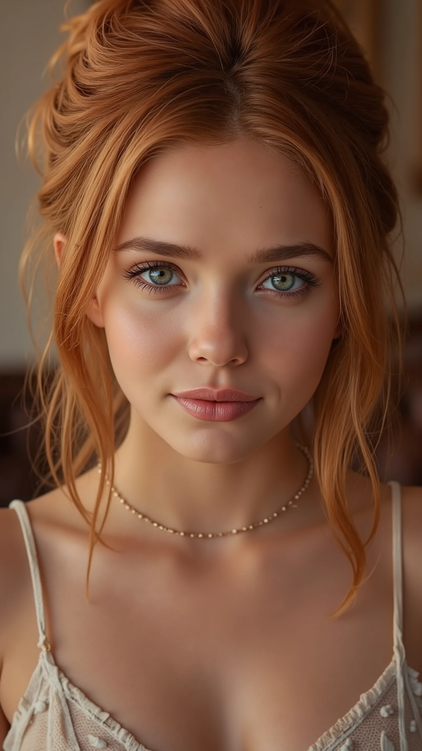 🌟 quality & silent: whole head down to below the chest, three sided view, masterpiece, 8k, ultra high resolution, hyperrealistic, very detailed, natural lighting, SLR lighting, SLR camera , Fujifilm XT3, film grain, Sharp concentration, perfect lighting. 🌌 Scene & background: different backgrounds: A romantic sunset on the beach, with warm, golden hues . A dark, mysterious forest with moonlight, that falls through the trees. A luxurious Bedroom with candlelight and silky curtains. Ein urbaner background mit Neonlichtern und regennassen Straßen. 😈 model & Styling: A young , wild girl with fiery red hair, different hairstyles such as flattop, quin tails, tri tails, pixie cut, expressive hair, single sidelock, hair pulled back, french braid, blunt bangs, ahoge, streaked hair, which in various Poses fall loose or styled are, and bright blue eyes . She is wearing a lightweight , torn dress made of natural materials, that underlines her free and independent nature. 🔥 Pose & Mood: Different sensual facial expressions: she looks directly at the camera , with a seductive smile and half-closed eyes. She opens her lips slightly, with a playful and tempting look. She tilts her head slightly to the side, with a dreamy and sensual expression. She looks over her shoulder, with a mysterious and intense look. Die Mood ist sinnlich, seductive and full of emotions. 💋